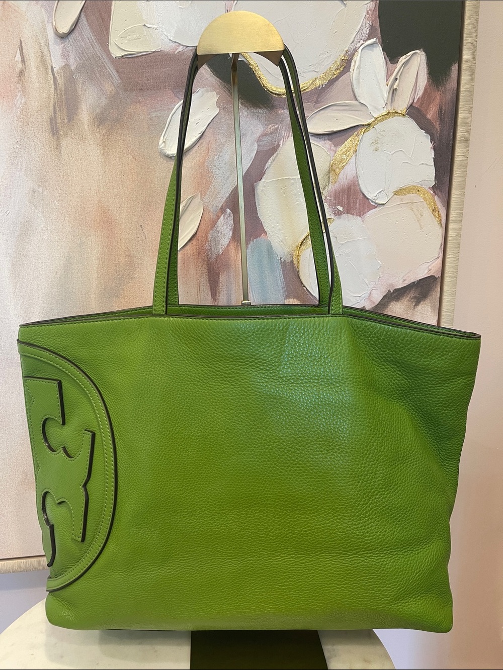 Tory Burch Green Leather Tote with Logo Accent